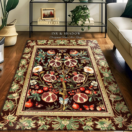 Antique Aesthetic Pomegranate Art Rug Enchanted Garden Cottagecore Decor | Gothic Woodland Whimsy Floral Butterfly Moth Vintage Fairycore