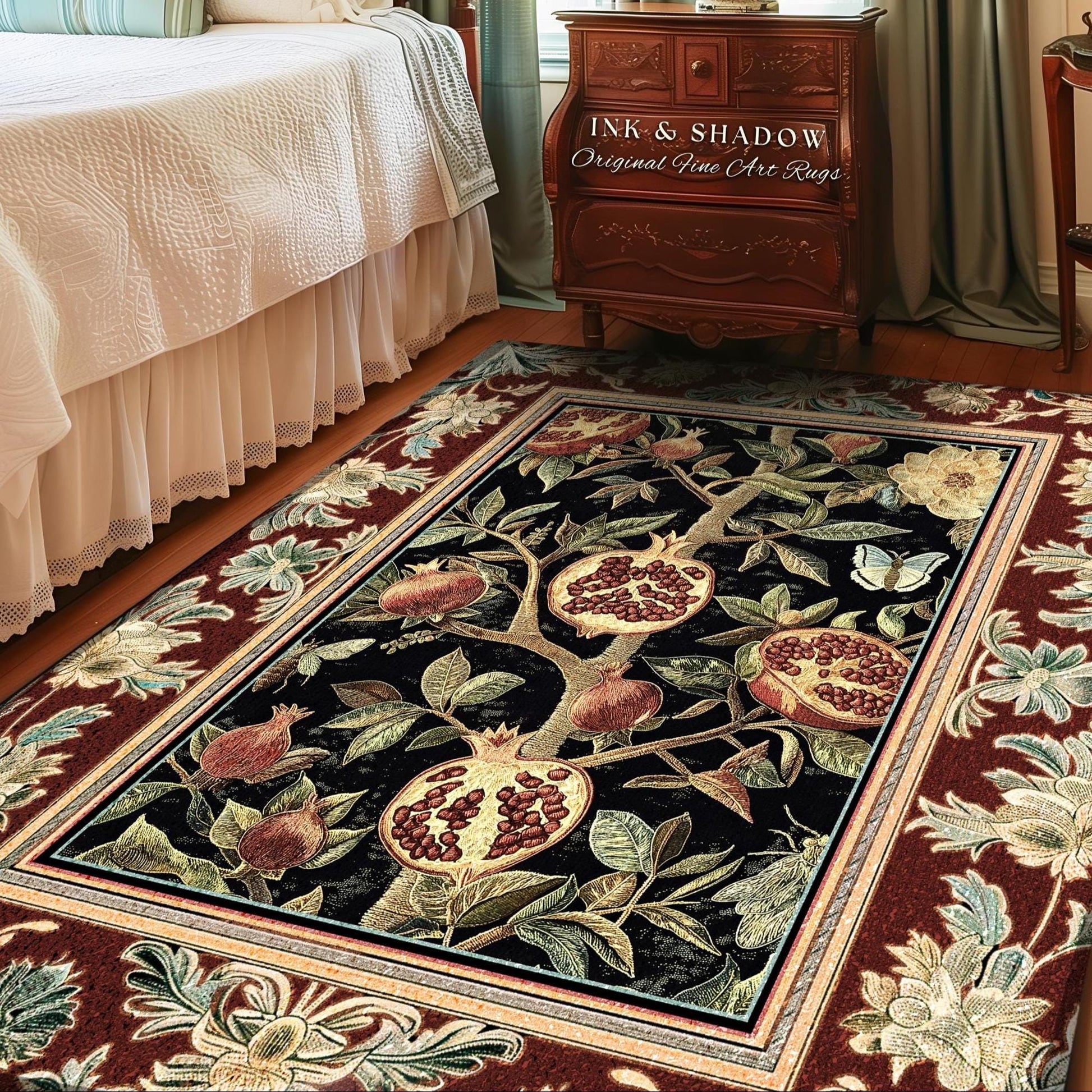 Floral Whimsigoth Vintage Pomegranate Art Nature Rug Cottagegoth Botanical Baroque Elegance, Medieval Style Forestcore Fruit Cottagecore Rug
