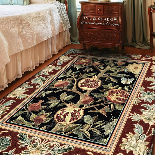 Floral Whimsigoth Vintage Pomegranate Art Nature Rug Cottagegoth Botanical Baroque Elegance, Medieval Style Forestcore Fruit Cottagecore Rug