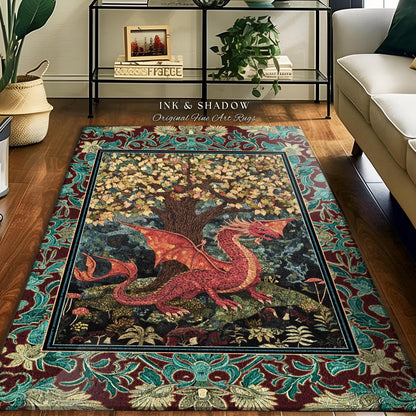 Mystical Fantasy Botanical Dragon Rug | Romantic Victorian Floral Medieval Gothic Bedroom Tree of Life Mythical Beasts Library Aesthetic Art