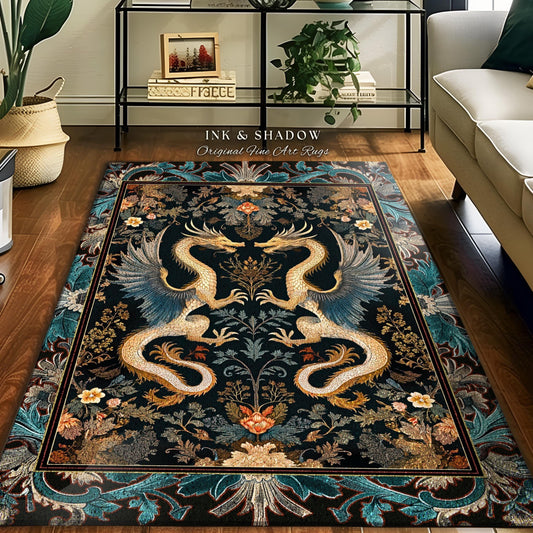 Art Deco Dragon Area Rug Antique Mystical Baroque Style Decor | Abstract Dragon Art Accent Rug Whimsical Aesthetic Home Dark Academia Teal