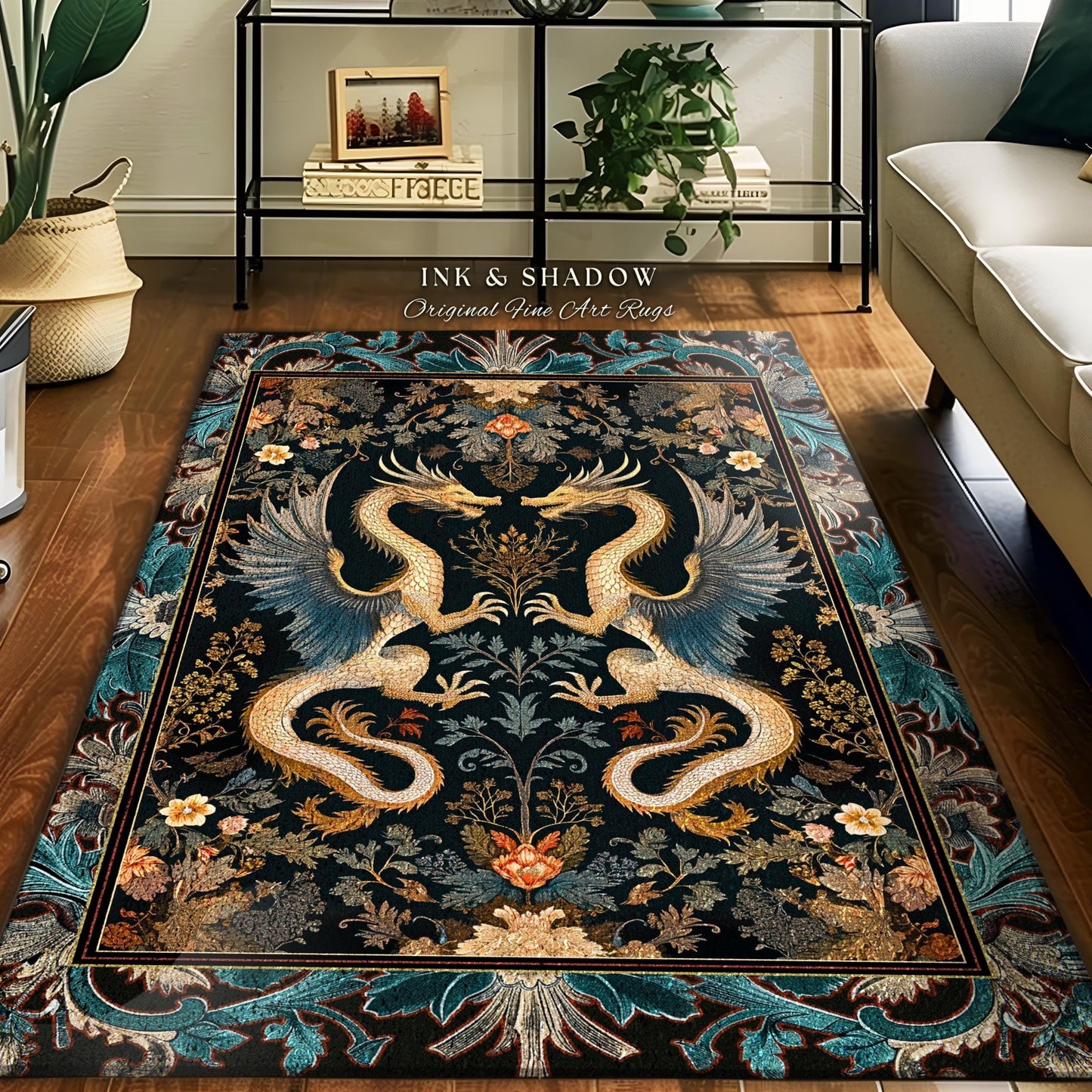 Art Deco Dragon Area Rug Antique Mystical Baroque Style Decor | Abstract Dragon Art Accent Rug Whimsical Aesthetic Home Dark Academia Teal