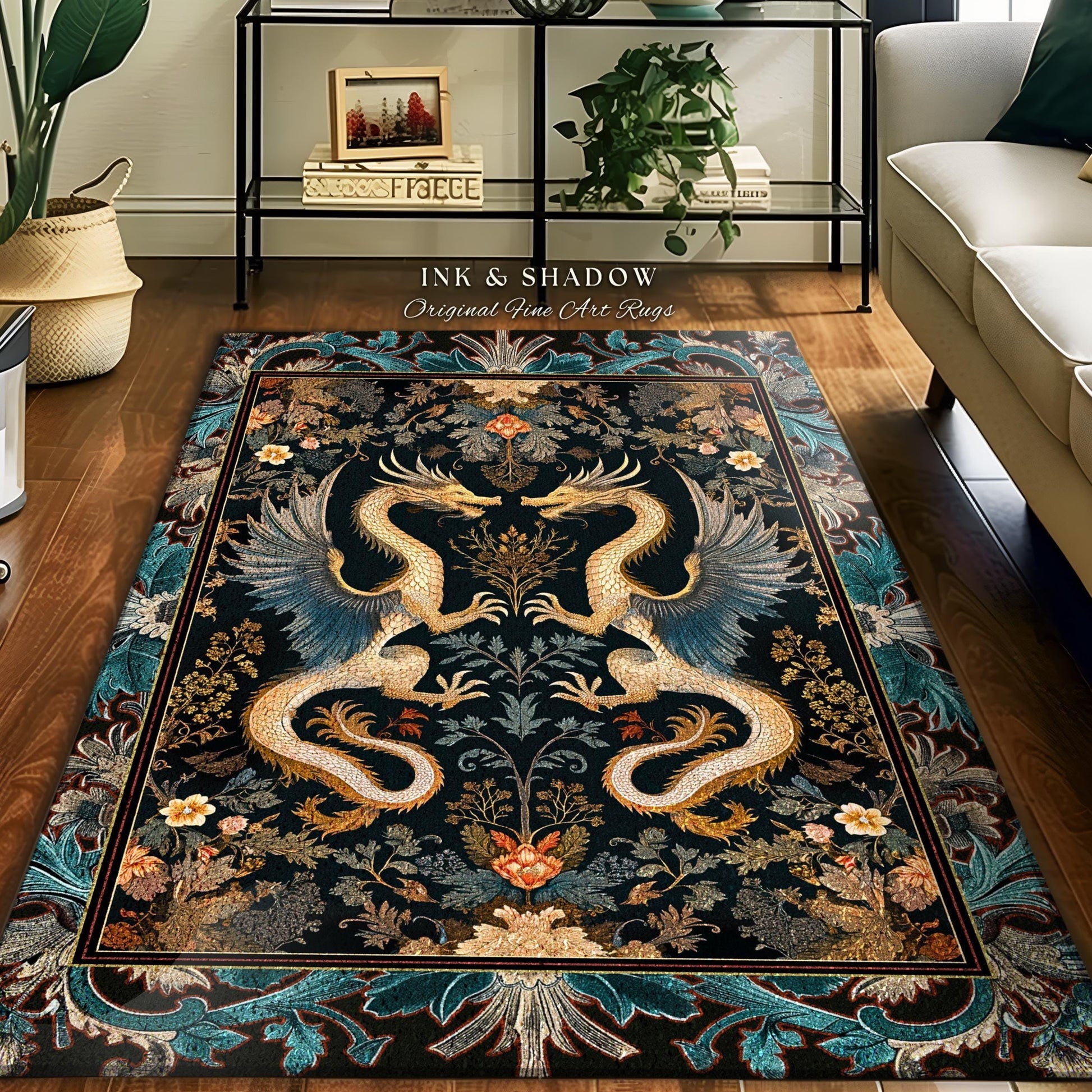 Art Deco Dragon Area Rug Antique Mystical Baroque Style Decor | Abstract Dragon Art Accent Rug Whimsical Aesthetic Home Dark Academia Teal