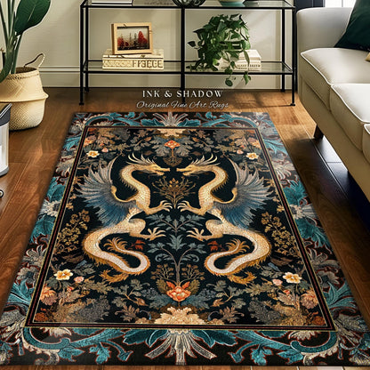 Art Deco Dragon Area Rug Antique Mystical Baroque Style Decor | Abstract Dragon Art Accent Rug Whimsical Aesthetic Home Dark Academia Teal