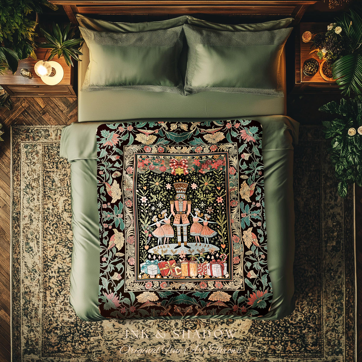Cozy Cute Nostalgia Christmas Nutcracker Blanket, Festive Woven Tapestry Throw Whimsical Boho Xmas Pastel Folklore Scandi Holiday Home Decor