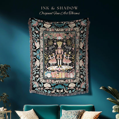 Folklore Aesthetic Nutcracker Throw Blanket | Nordic Woven Tapestry Holiday Gift Christmas Cozy Decor Boho Bedroom Accent Scandinavian Style