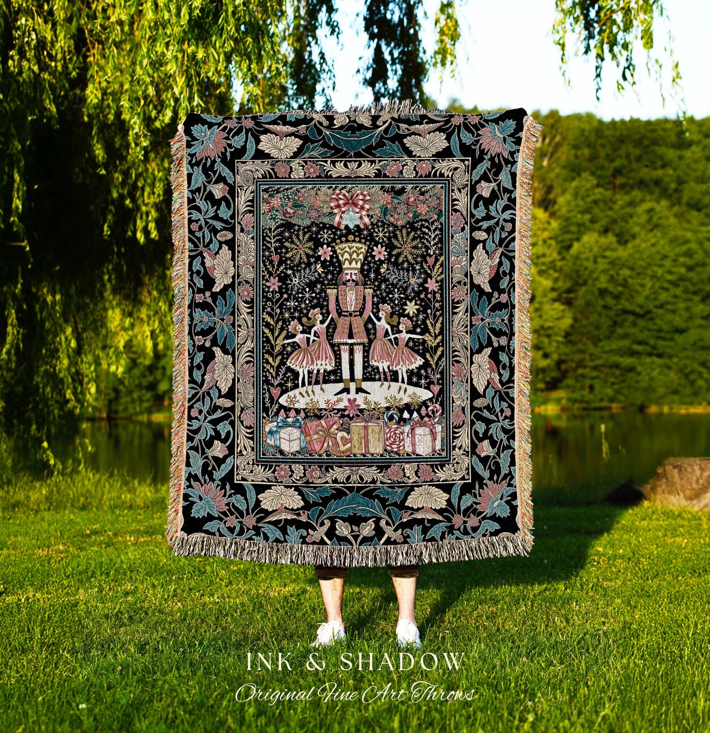 Folklore Aesthetic Nutcracker Throw Blanket | Nordic Woven Tapestry Holiday Gift Christmas Cozy Decor Boho Bedroom Accent Scandinavian Style
