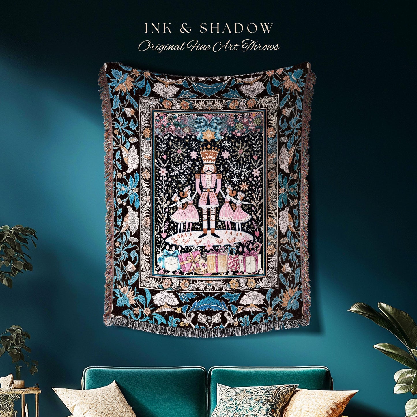 Winter Ballerinas Pastel Yuletide Blanket | Cozy Boho Scandinavian Decor Nutcracker Woven Throw Holiday Folklore Style Christmas Home Accent