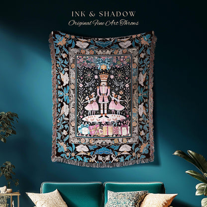 Winter Ballerinas Pastel Yuletide Blanket | Cozy Boho Scandinavian Decor Nutcracker Woven Throw Holiday Folklore Style Christmas Home Accent