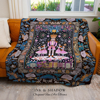 Winter Ballerinas Pastel Yuletide Blanket | Cozy Boho Scandinavian Decor Nutcracker Woven Throw Holiday Folklore Style Christmas Home Accent