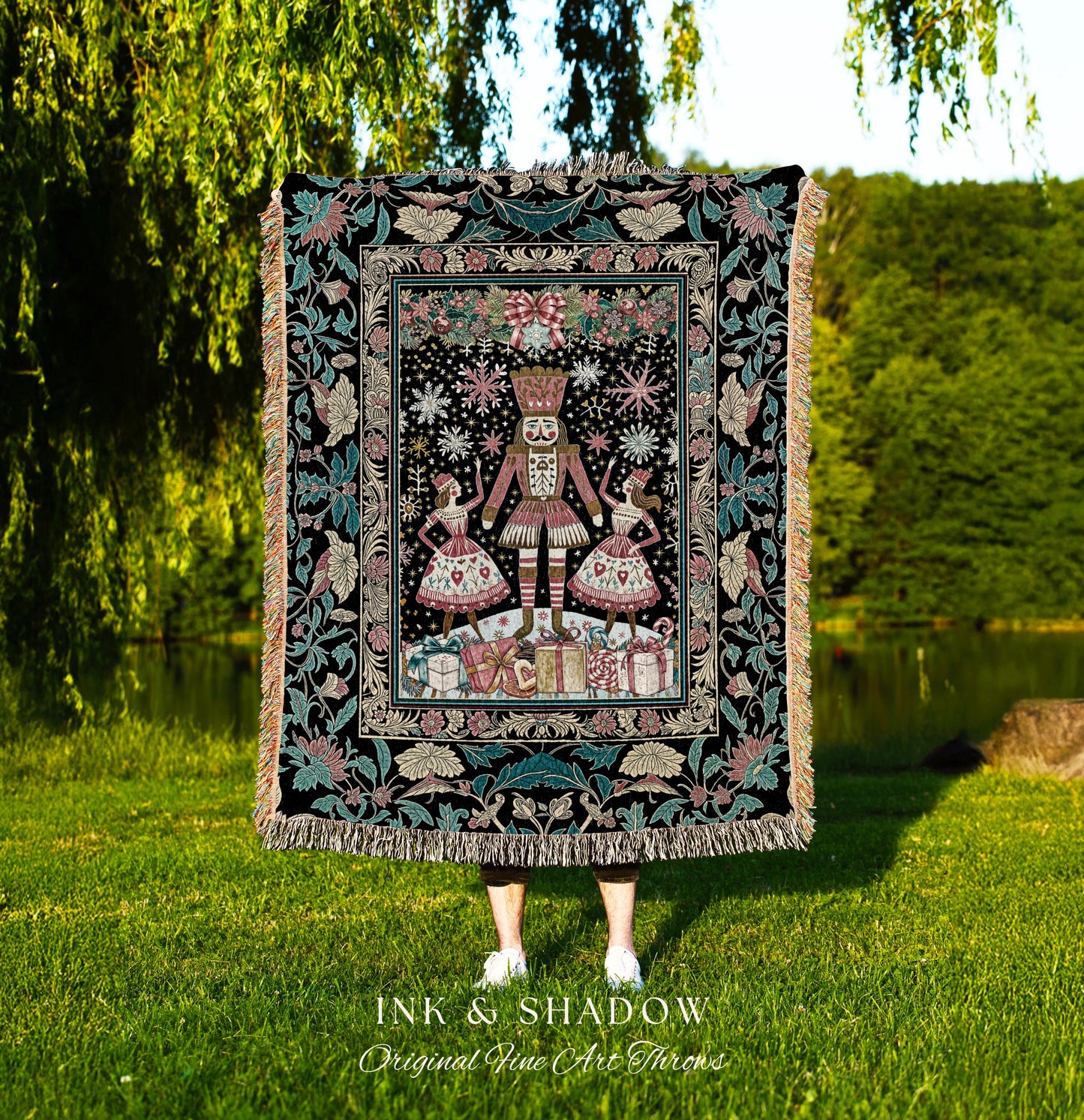 Ethereal Holiday Nutcracker Woven Blanket | Nordic Ballet Throw Christmas Decor Cozy Folklore Style Tapestry Seasonal Festive Cottagecore |