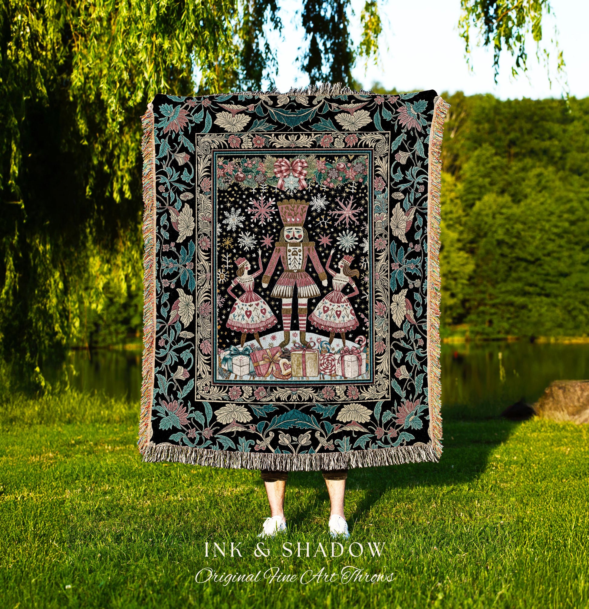 Ethereal Holiday Nutcracker Woven Blanket | Nordic Ballet Throw Christmas Decor Cozy Folklore Style Tapestry Seasonal Festive Cottagecore |