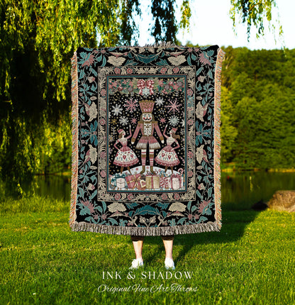 Ethereal Holiday Nutcracker Woven Blanket | Nordic Ballet Throw Christmas Decor Cozy Folklore Style Tapestry Seasonal Festive Cottagecore |