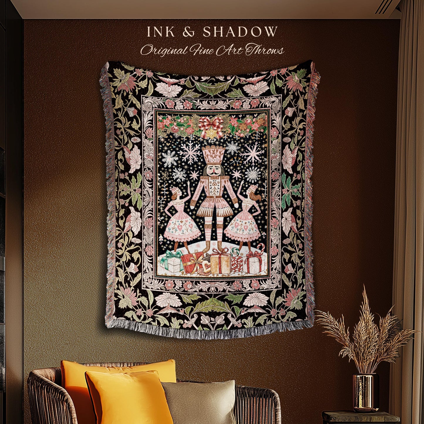 Sugarplum Ballet Rustic Woven Throw | Cottagecore Nutcracker Scandinavian Holiday Decor Cozy Christmas Accent Fairycore Aesthetic Winter |