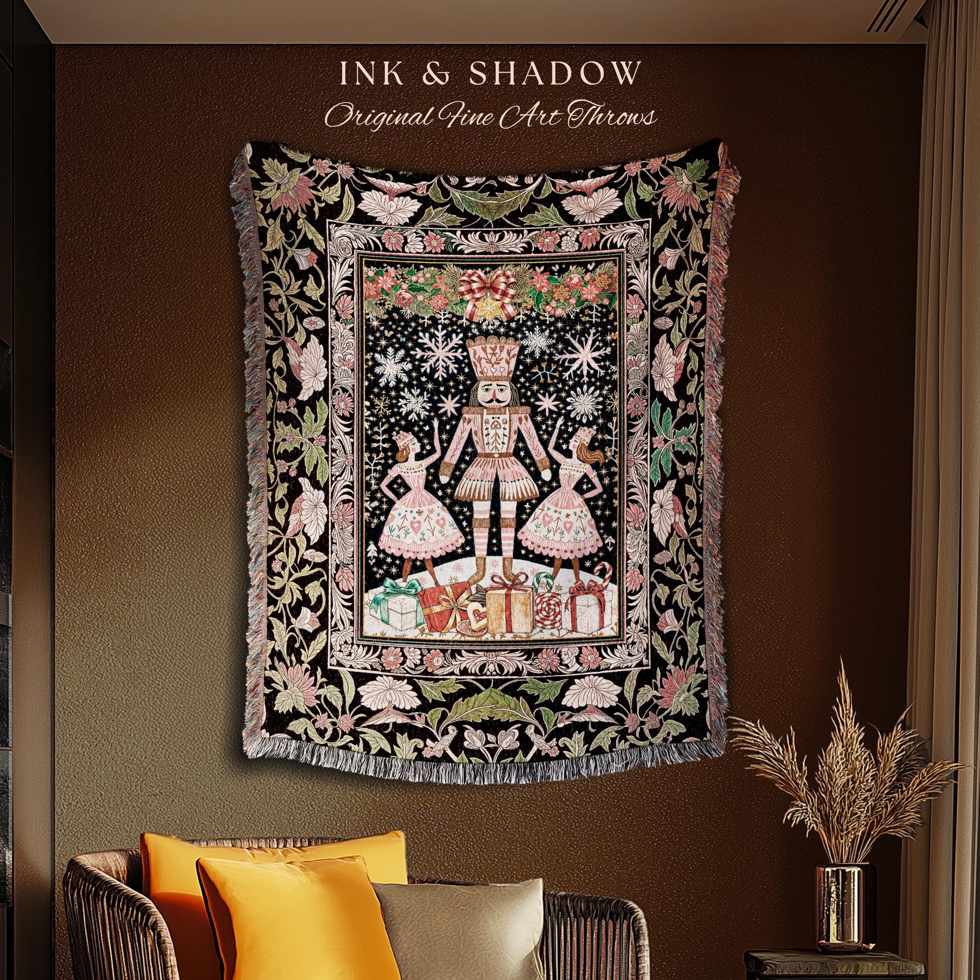 Sugarplum Ballet Rustic Woven Throw | Cottagecore Nutcracker Scandinavian Holiday Decor Cozy Christmas Accent Fairycore Aesthetic Winter |