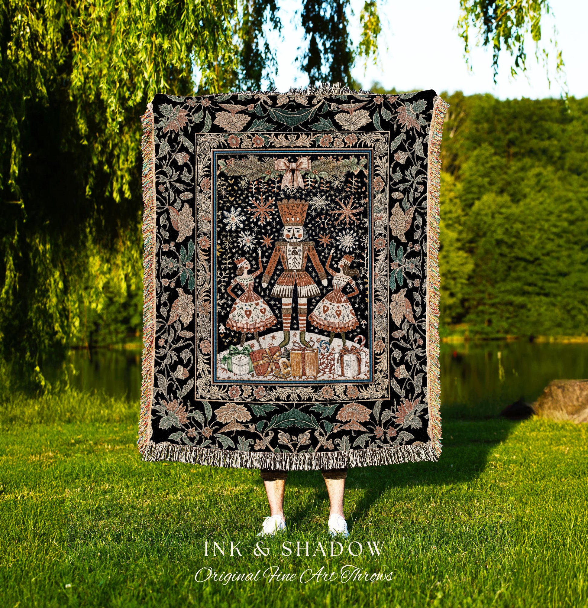 Whimsical Hygge Holiday Throw Blanket | Fairycore Christmas Cozy Decor Scandinavian Woven Accent Nutcracker Tapestry Winter Folklore Ballet