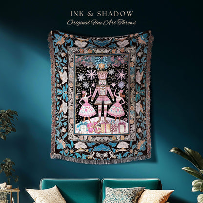 Boho Pink Holiday Nutcracker Tapestry | Cozy Woven Throw Ballet Winter Nordic Christmas Scandinavian Folklore Festive Cottagecore Seasonal