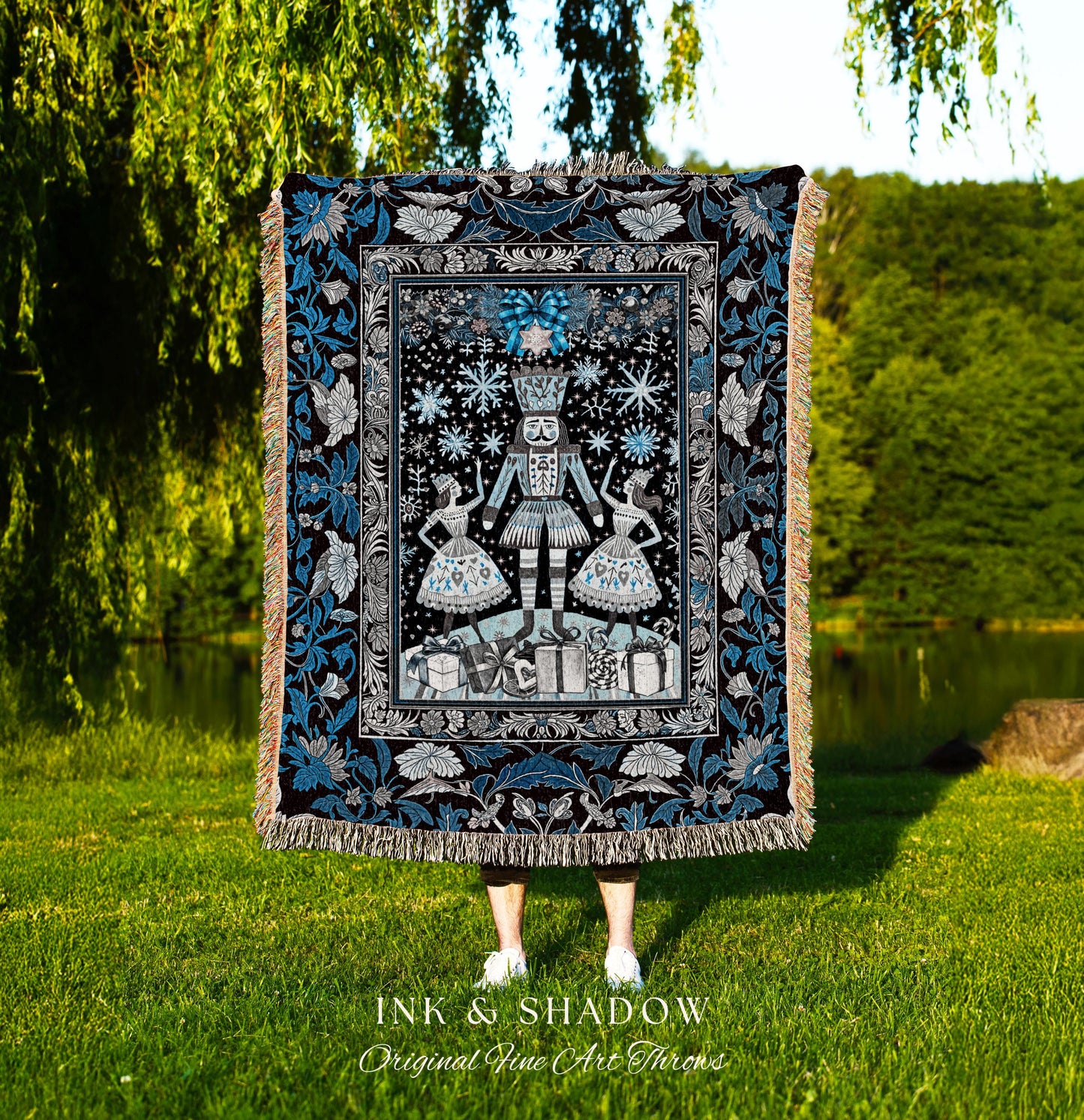 Royal Blue Winter Holiday Throw | Cozy Nordic Pastel Tapestry Ballet Fairycore Christmas Nutcracker Sugar Plum Fairy Woven Cottagecore Decor