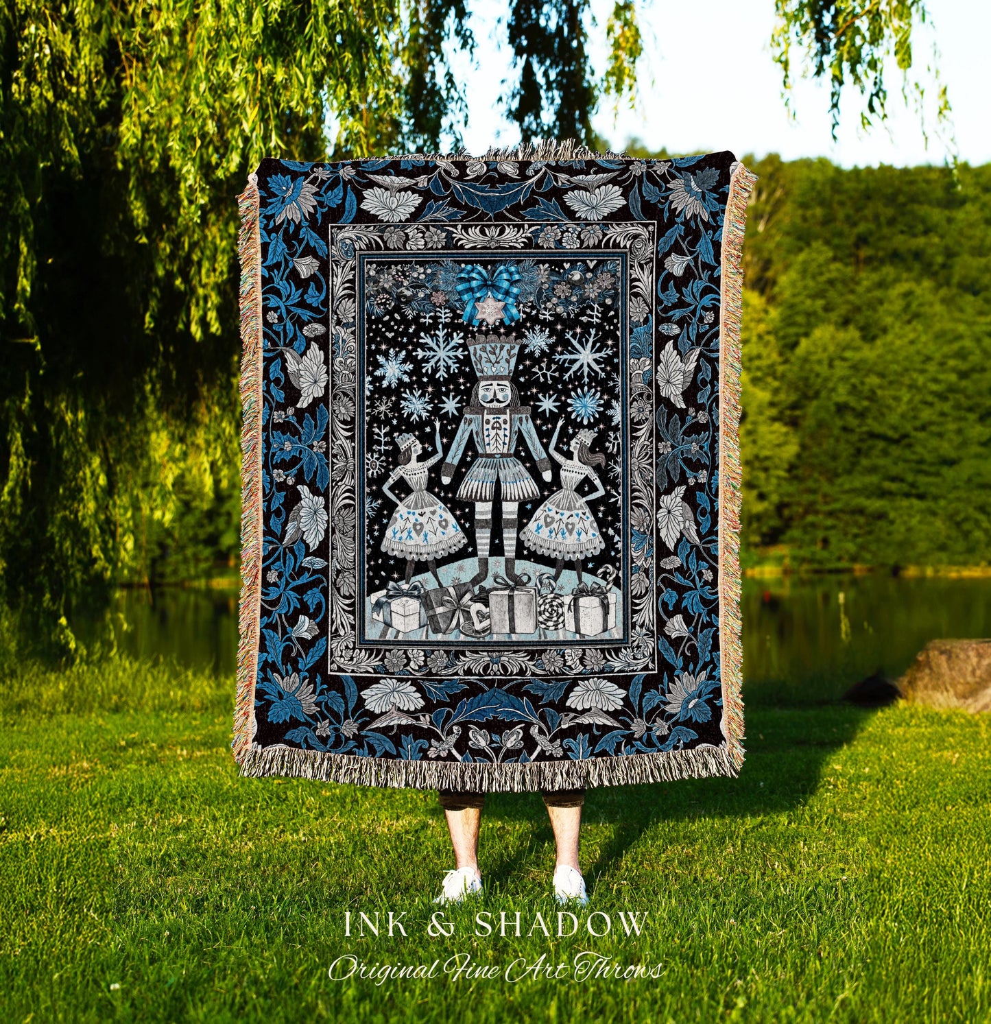 Royal Blue Winter Holiday Throw | Cozy Nordic Pastel Tapestry Ballet Fairycore Christmas Nutcracker Sugar Plum Fairy Woven Cottagecore Decor