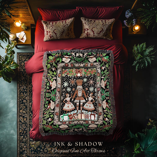 Classic Christmas Nutcracker Blanket | Sugar Plum Fairy Woven Throw Rustic Nordic Fairycore Traditional Holiday Tapestry Cottagecore Ballet