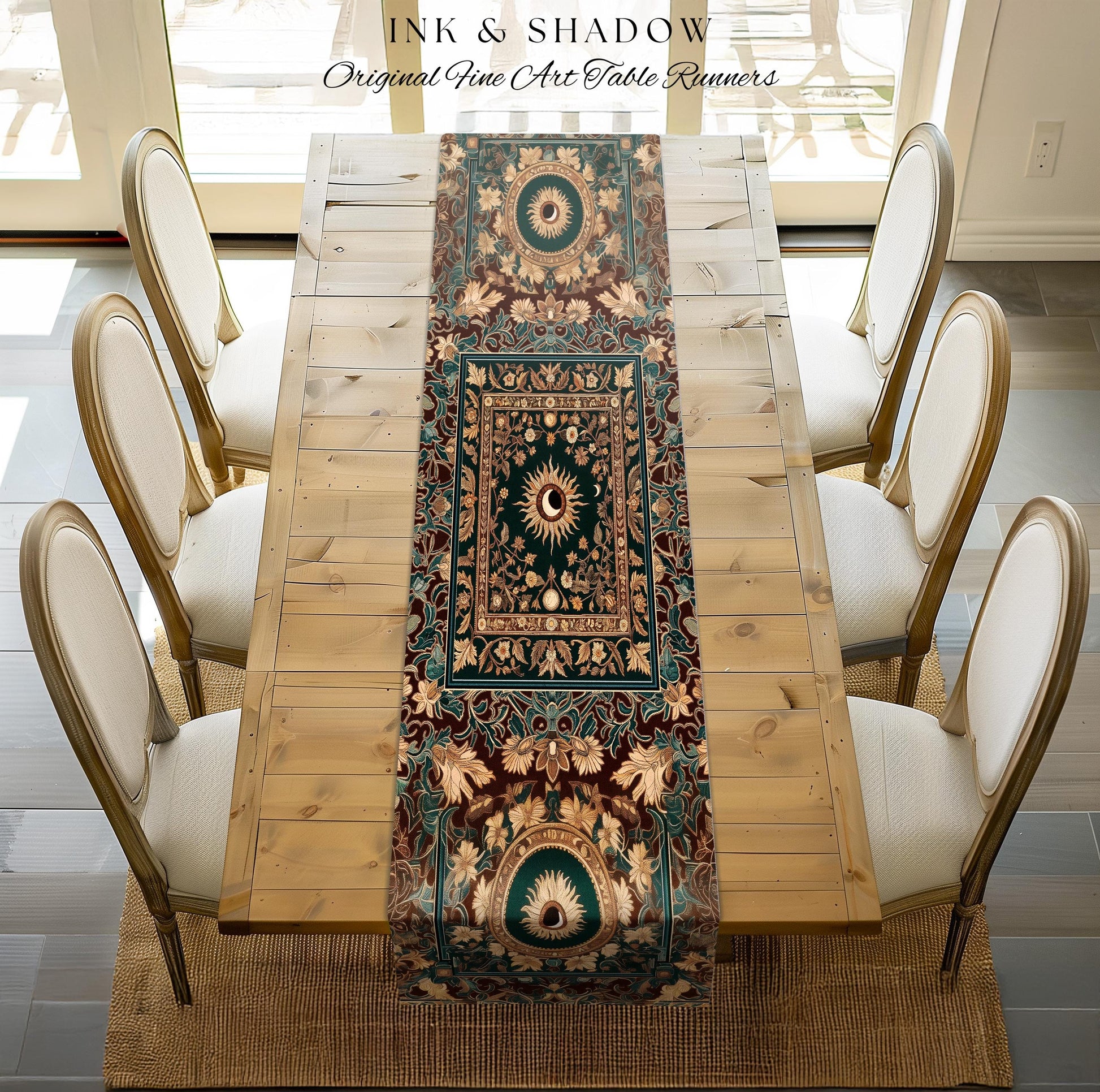 Moon and Sun Ethereal Bohemian Table Runner | Celestial Tarot Aesthetic Zodiac Inspired Runner Floral Maximalist Dinner Table Ethereal Style