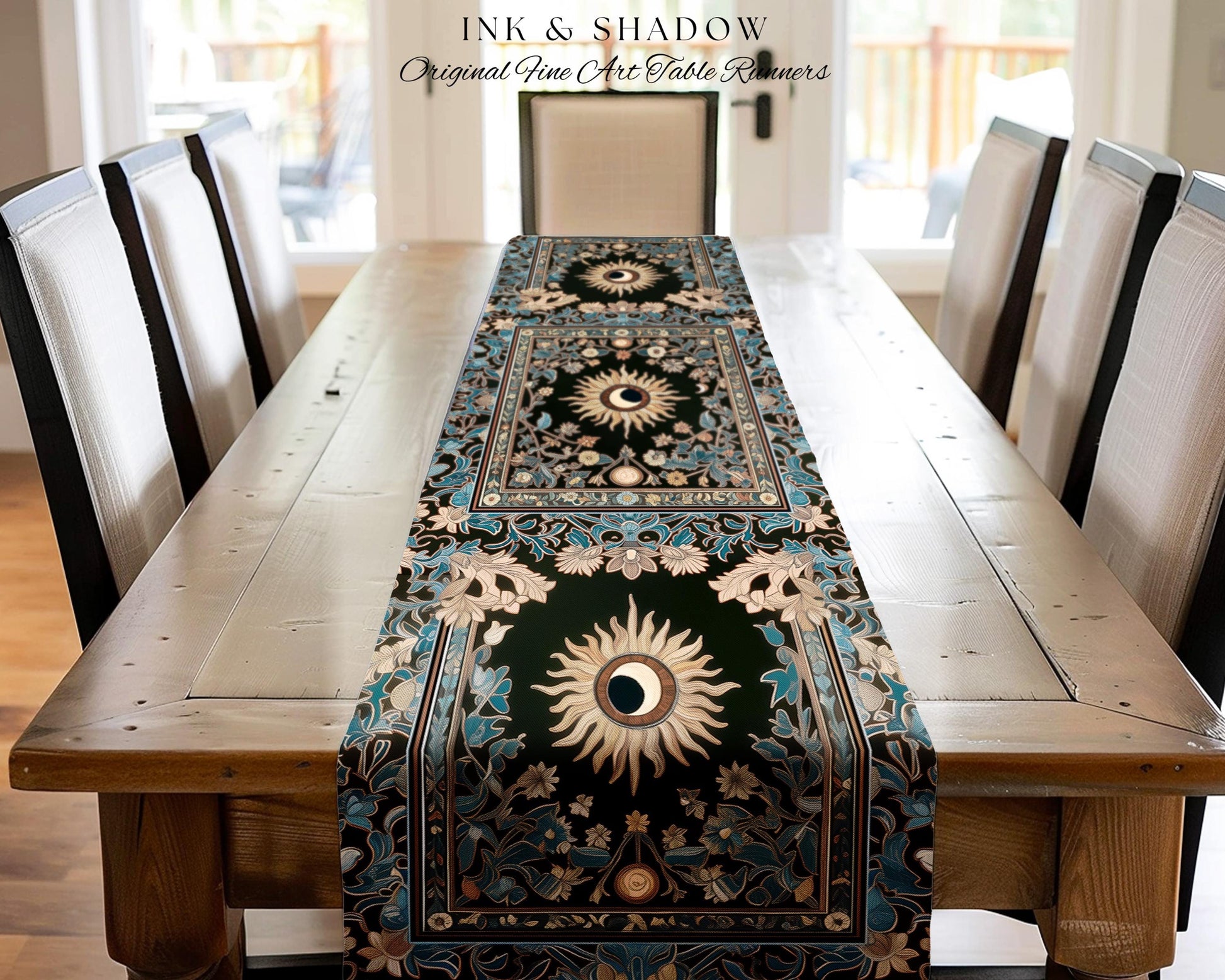 Mystic Moon Dark Academia Table Runner | Celestial Tarot Inspired Gothic Maximalist Dining Table Runner Whimsical Astrology Ethereal Witchy