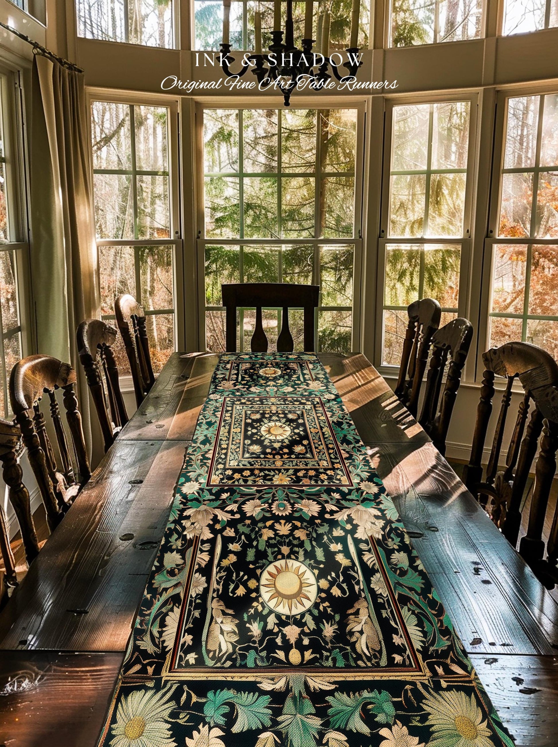 Witchy Sun Dark Academia Table Runner | Bohemian Rustic Whimsical Gothic Maximalist Dining Table Whimsical Celestial Astrology Aesthetic |