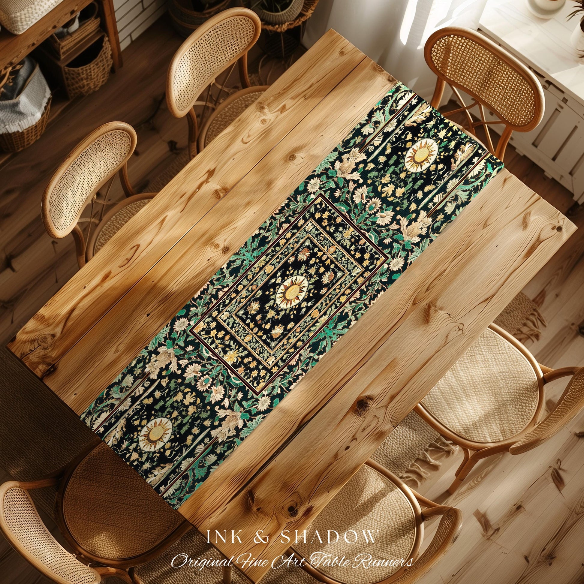 Witchy Sun Dark Academia Table Runner | Bohemian Rustic Whimsical Gothic Maximalist Dining Table Whimsical Celestial Astrology Aesthetic |