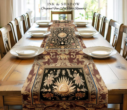 Dark Skies Celestial Table Runner | Enchanted Celestial Witchy Astrology Boho Maximalist Decor Sun and Moon Tarot Inspired Dining Room Table