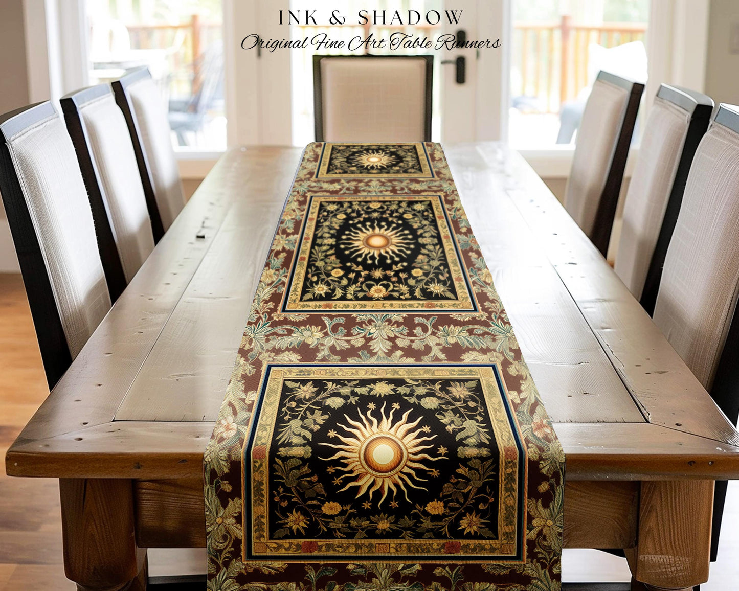 Ethereal Energy Celestial Table Runner | Mystic Boho Maximalist Astrology Inspired Witchy Sun & Moon Gothic Dining Room Decor Enchanted |