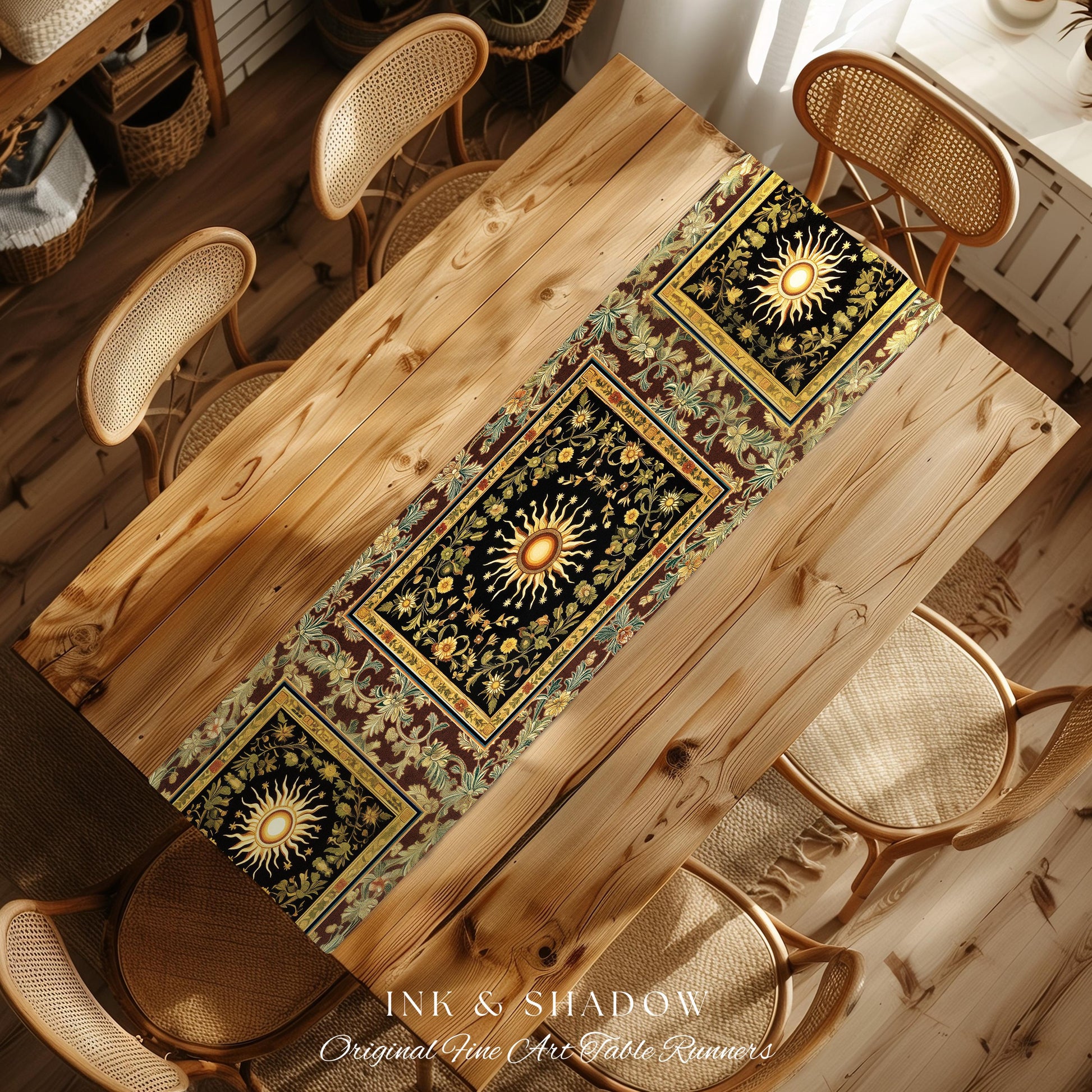 Ethereal Energy Celestial Table Runner | Mystic Boho Maximalist Astrology Inspired Witchy Sun & Moon Gothic Dining Room Decor Enchanted |