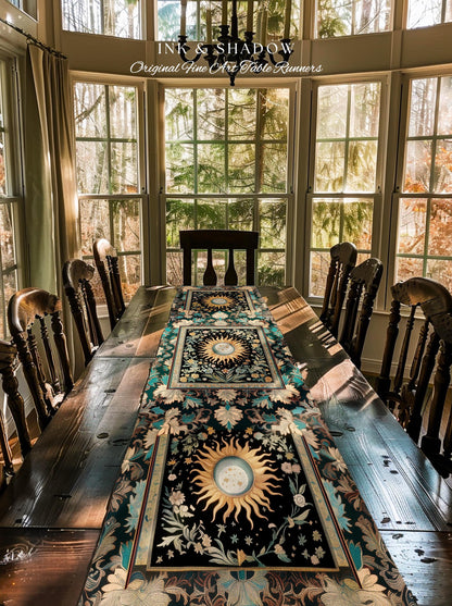 Enchanted Zodiac Mystic Table Runner | Celestial Gothic Tarot Inspired Dining Room Astrology Bohemian Sun and Moon Witchy Maximalist Dreamy