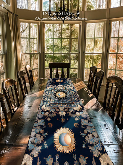 Lunar Energy Peaceful Table Runner | Gothic Bohemian Astrology Mystic Whimsical Sun & Moon Maximalist Witchy Tarot Celestial Dining Room |