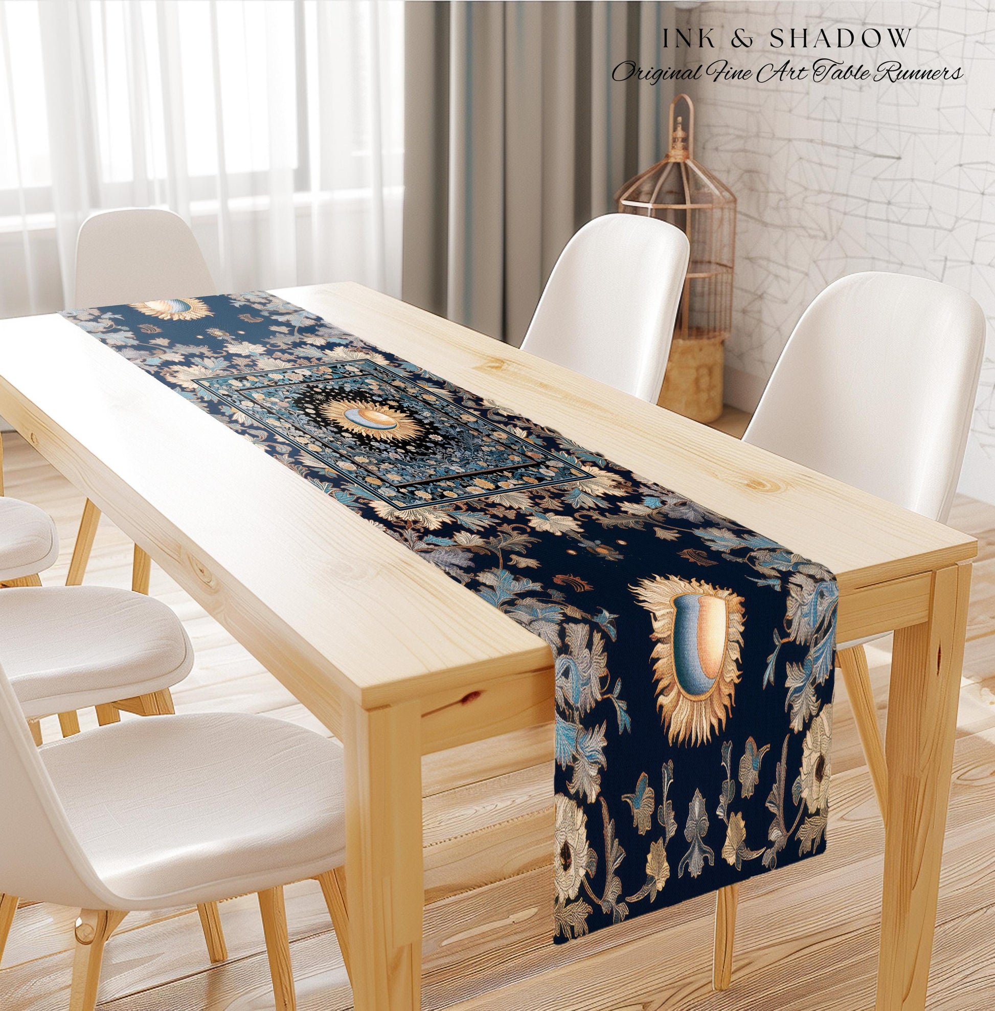 Lunar Energy Peaceful Table Runner | Gothic Bohemian Astrology Mystic Whimsical Sun & Moon Maximalist Witchy Tarot Celestial Dining Room |