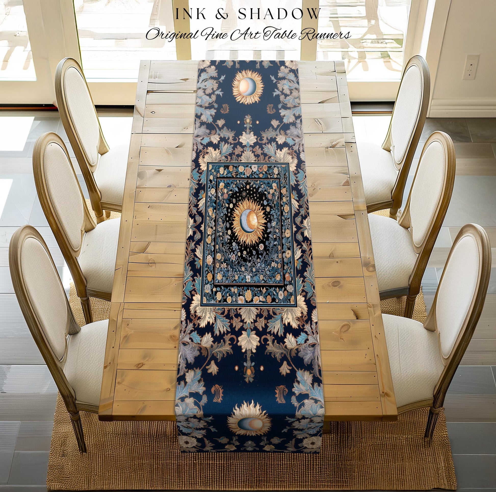 Lunar Energy Peaceful Table Runner | Gothic Bohemian Astrology Mystic Whimsical Sun & Moon Maximalist Witchy Tarot Celestial Dining Room |