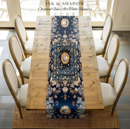 Lunar Energy Peaceful Table Runner | Gothic Bohemian Astrology Mystic Whimsical Sun & Moon Maximalist Witchy Tarot Celestial Dining Room |
