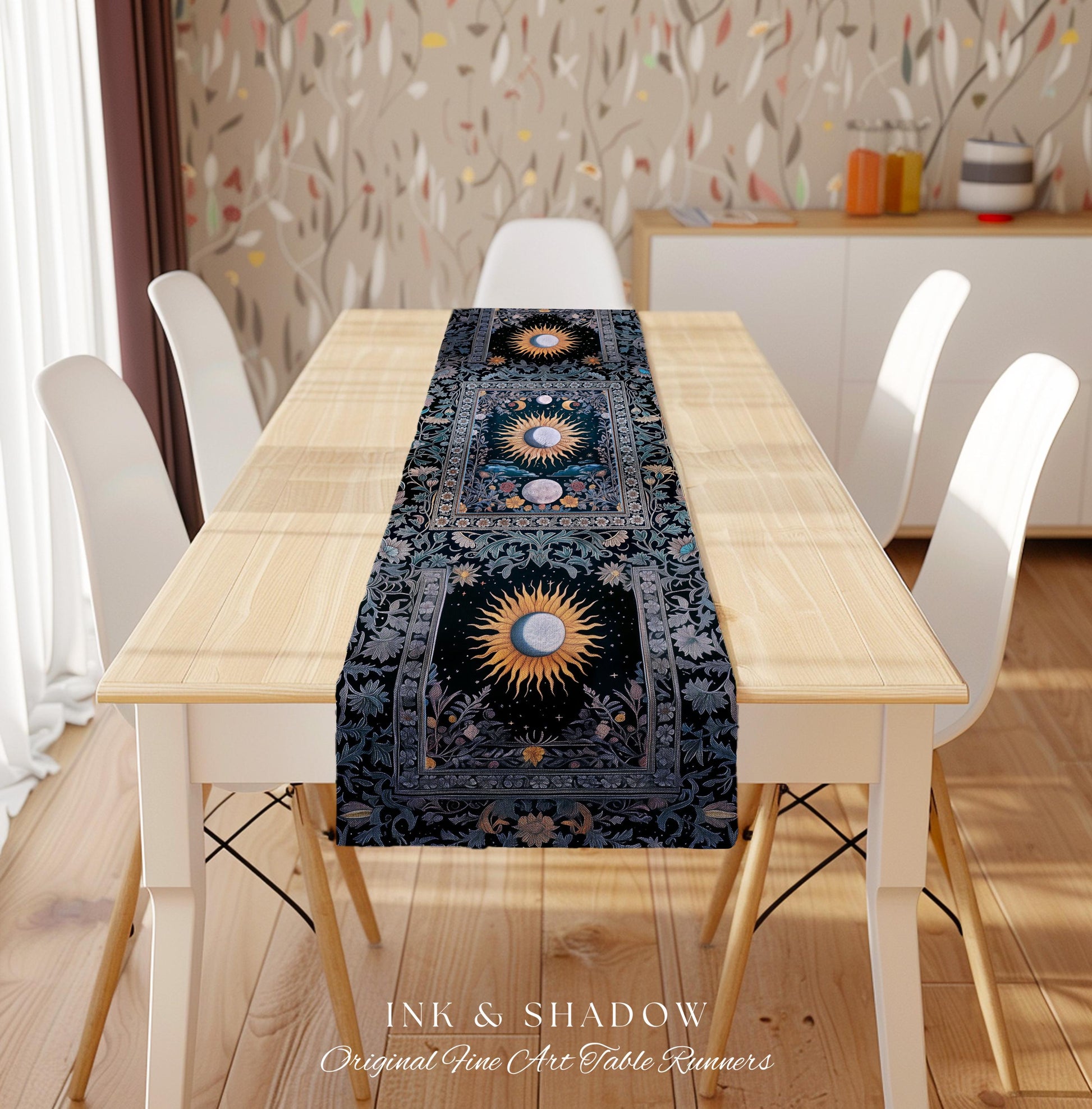 Whimsigothic Eclectic Moon Table Runner | Celestial Boho Mystic Tarot-Inspired Dining Room Astrology Decor Witchy Maximalist Aesthetic |