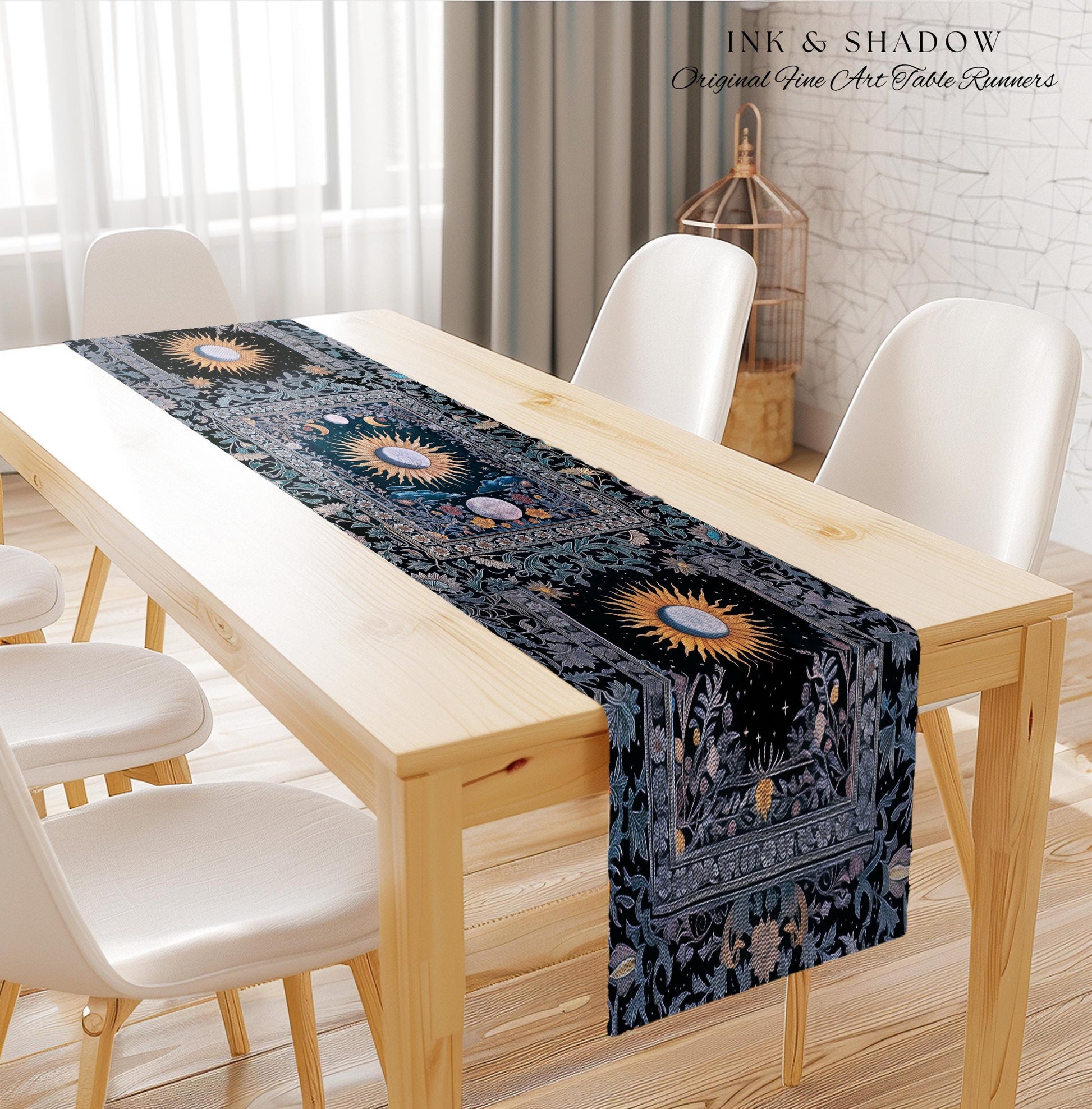 Whimsigothic Eclectic Moon Table Runner | Celestial Boho Mystic Tarot-Inspired Dining Room Astrology Decor Witchy Maximalist Aesthetic |