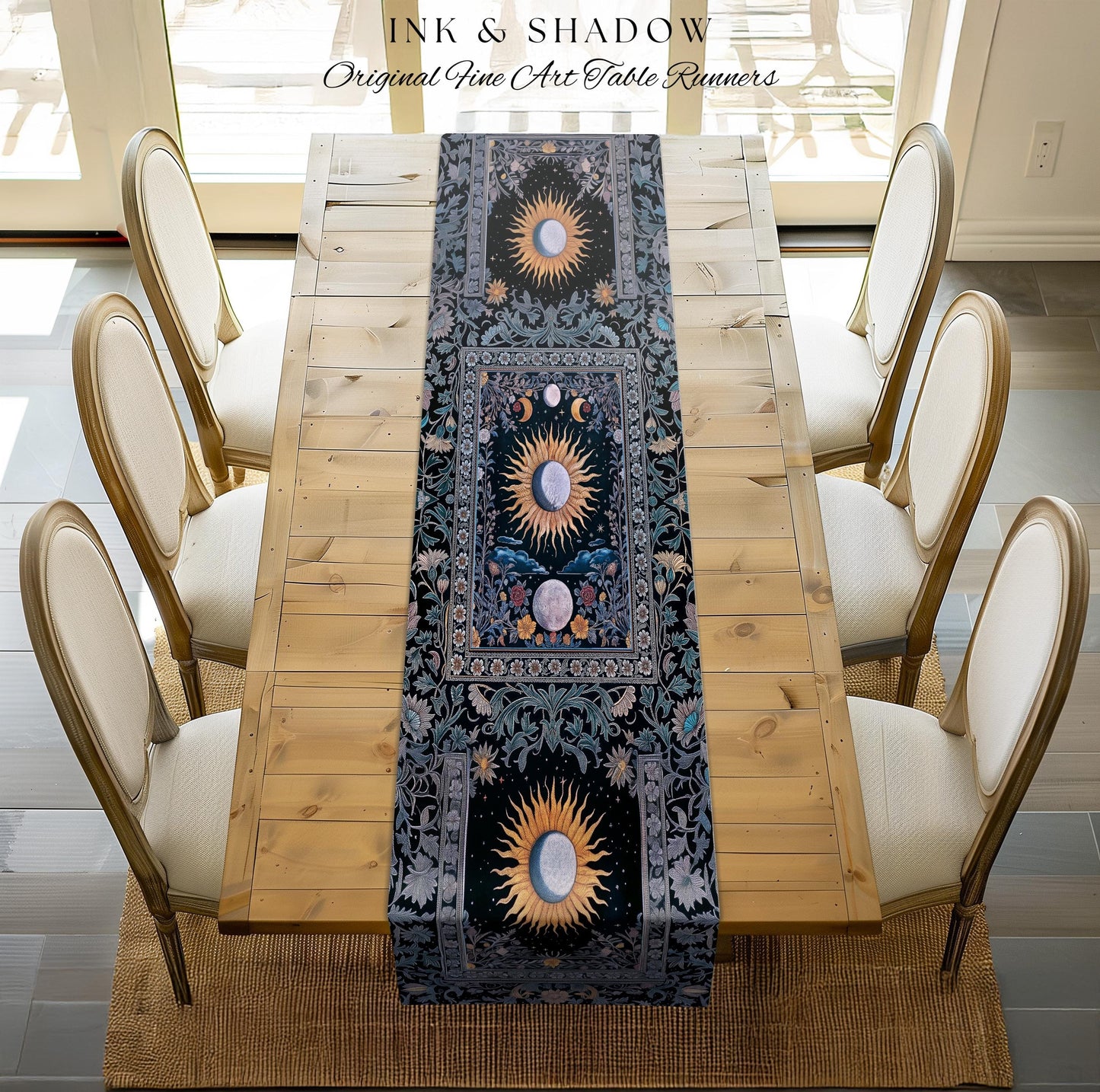 Whimsigothic Eclectic Moon Table Runner | Celestial Boho Mystic Tarot-Inspired Dining Room Astrology Decor Witchy Maximalist Aesthetic |