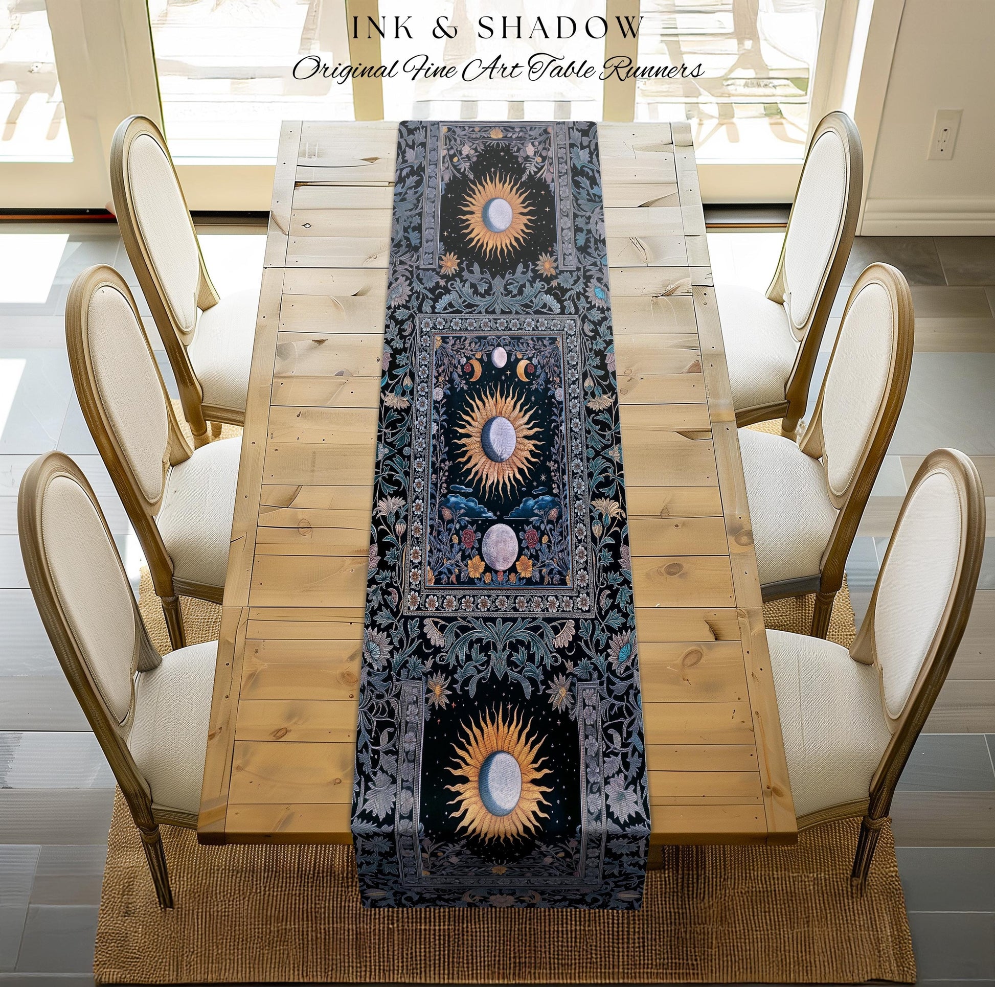 Whimsigothic Eclectic Moon Table Runner | Celestial Boho Mystic Tarot-Inspired Dining Room Astrology Decor Witchy Maximalist Aesthetic |