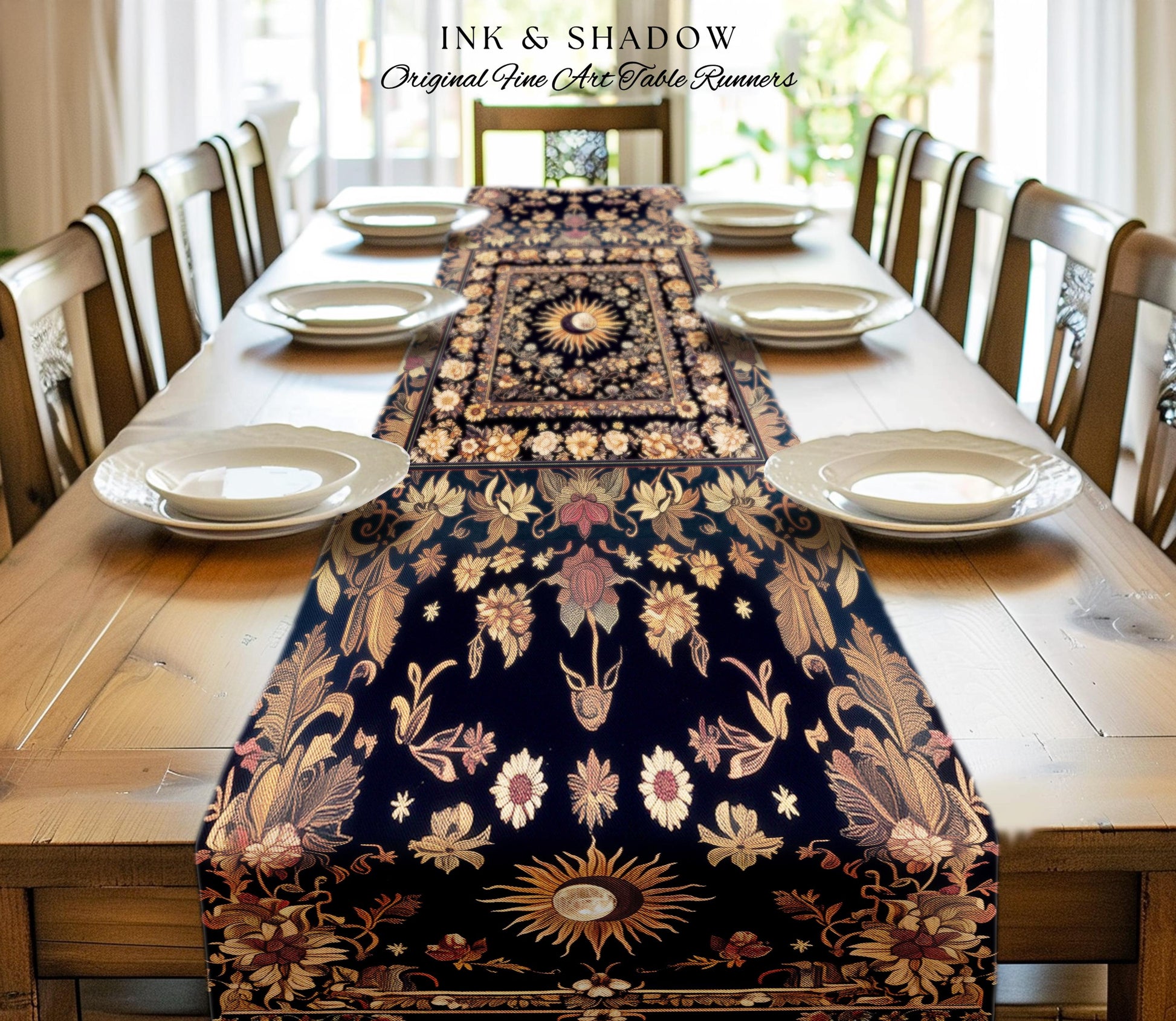Cosmic Elegance Celestial Table Runner | Dark Cottagecore Moon & Sun Ethereal Dining Room Decor Divine Aesthetic Witchy Bohemian Eclectic |