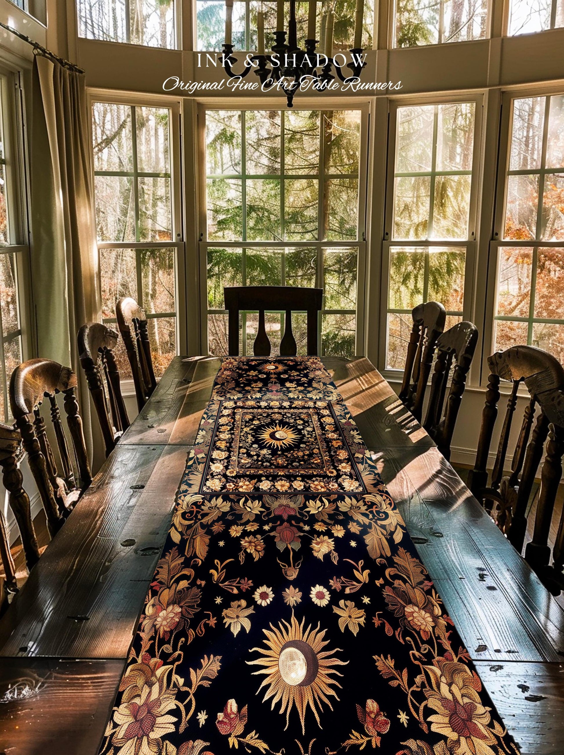 Cosmic Elegance Celestial Table Runner | Dark Cottagecore Moon & Sun Ethereal Dining Room Decor Divine Aesthetic Witchy Bohemian Eclectic |