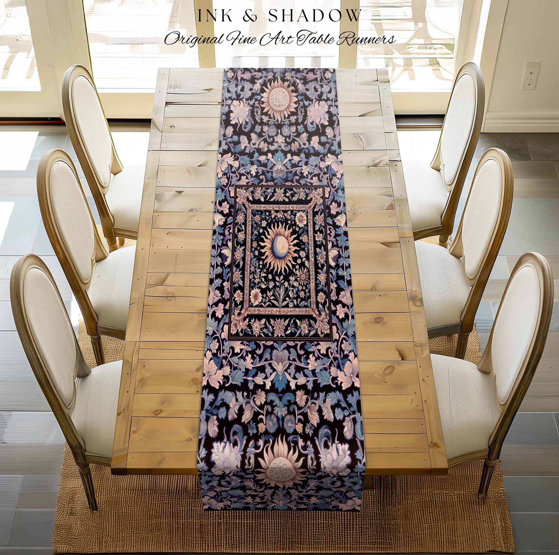 Pastel Whimsy Celestial Table Runner | Mystic Bohemian Celestial Witchy Decor Maximalist Gothic Sun and Moon Tarot Inspired Dining Room |