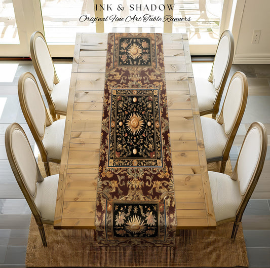 Dark Skies Celestial Table Runner | Enchanted Celestial Witchy Astrology Boho Maximalist Decor Sun and Moon Tarot Inspired Dining Room Table
