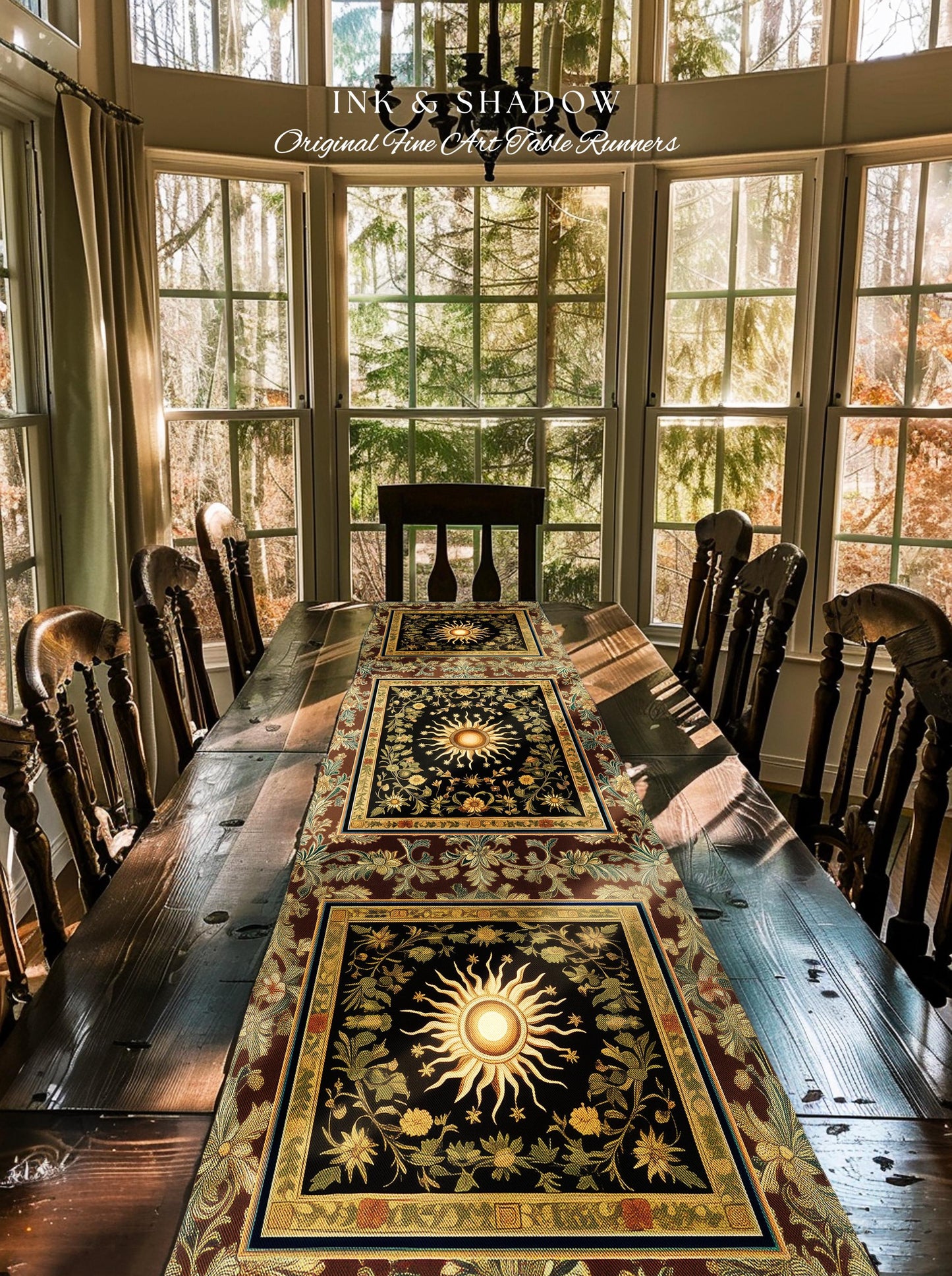Ethereal Energy Celestial Table Runner | Mystic Boho Maximalist Astrology Inspired Witchy Sun & Moon Gothic Dining Room Decor Enchanted |
