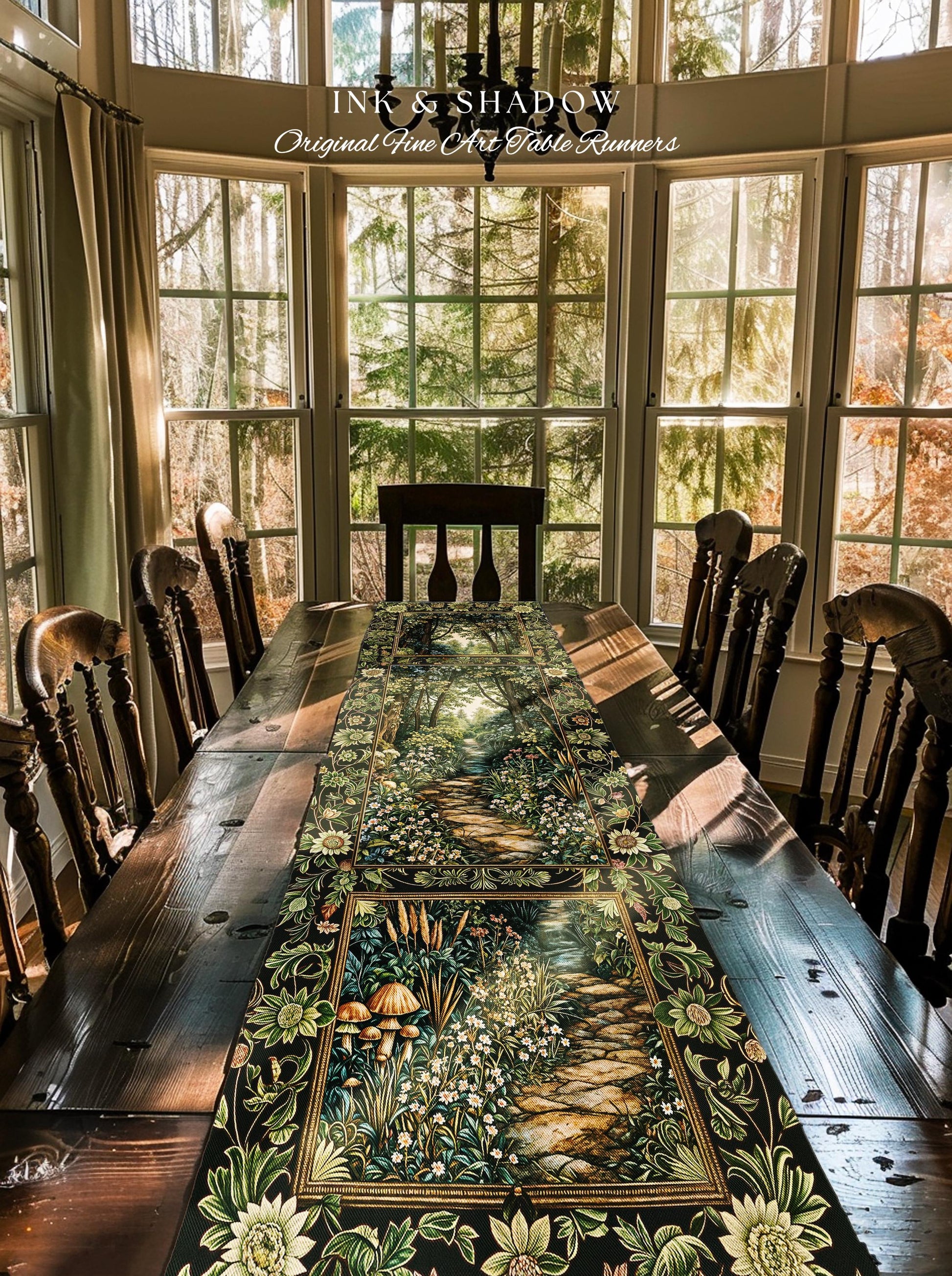Fairy Meadow Mushroom Forest Table Runner Mystic Academia Folklore Inspired, Fairycore Woodland Gothic Whimsical Medieval Dining Room Decor