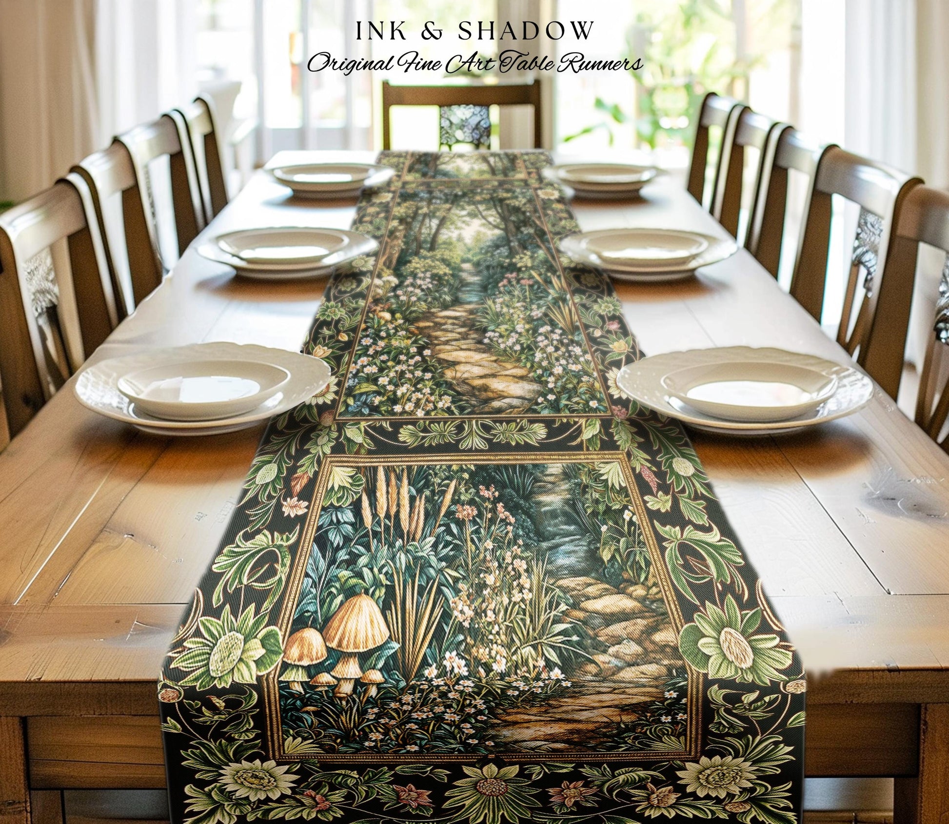 Fairy Meadow Mushroom Forest Table Runner Mystic Academia Folklore Inspired, Fairycore Woodland Gothic Whimsical Medieval Dining Room Decor