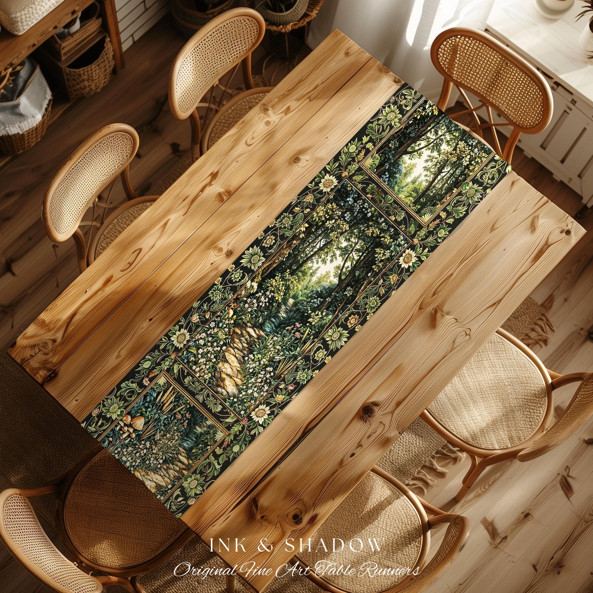 Fairy Meadow Mushroom Forest Table Runner Mystic Academia Folklore Inspired, Fairycore Woodland Gothic Whimsical Medieval Dining Room Decor