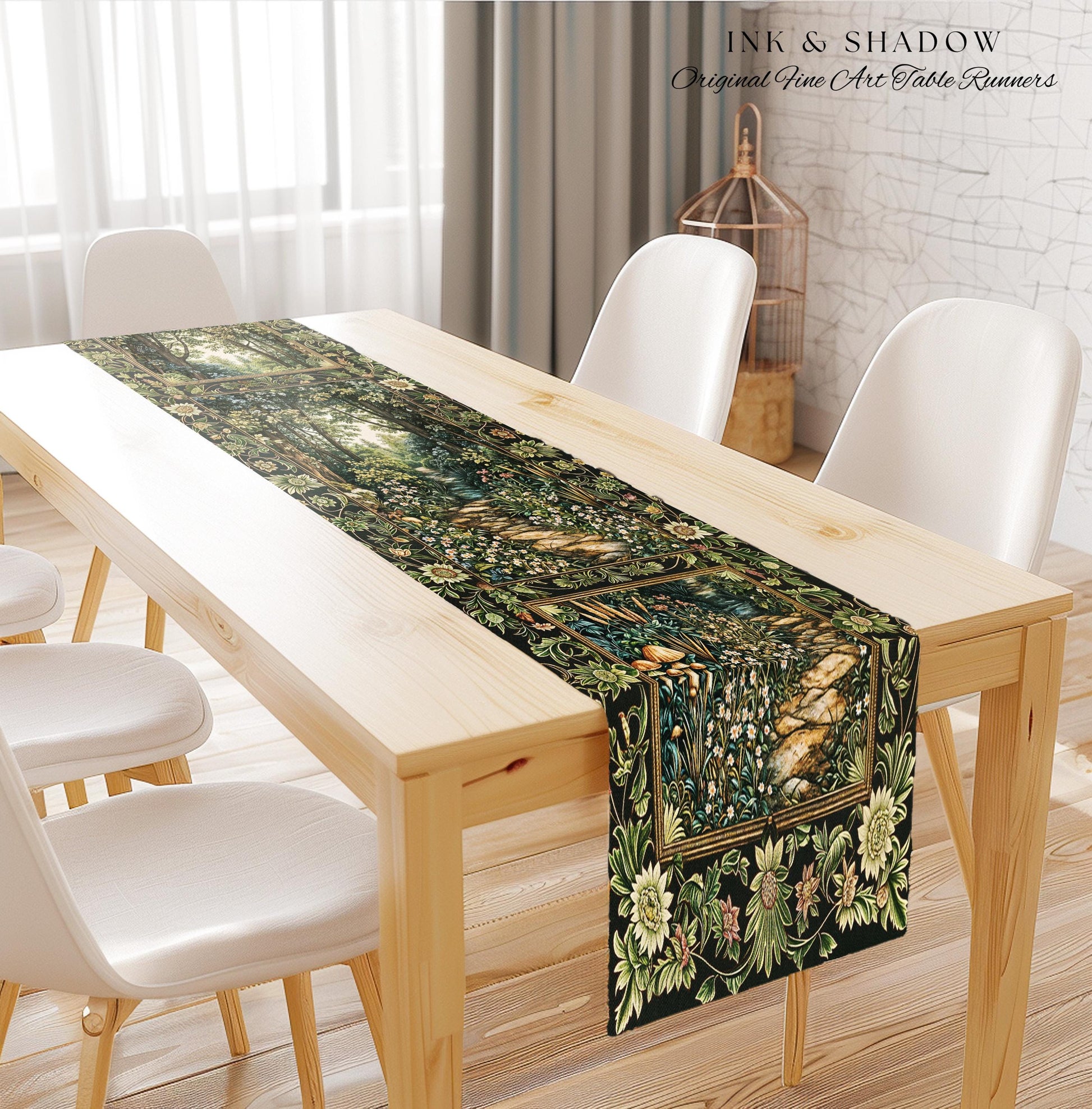 Fairy Meadow Mushroom Forest Table Runner Mystic Academia Folklore Inspired, Fairycore Woodland Gothic Whimsical Medieval Dining Room Decor