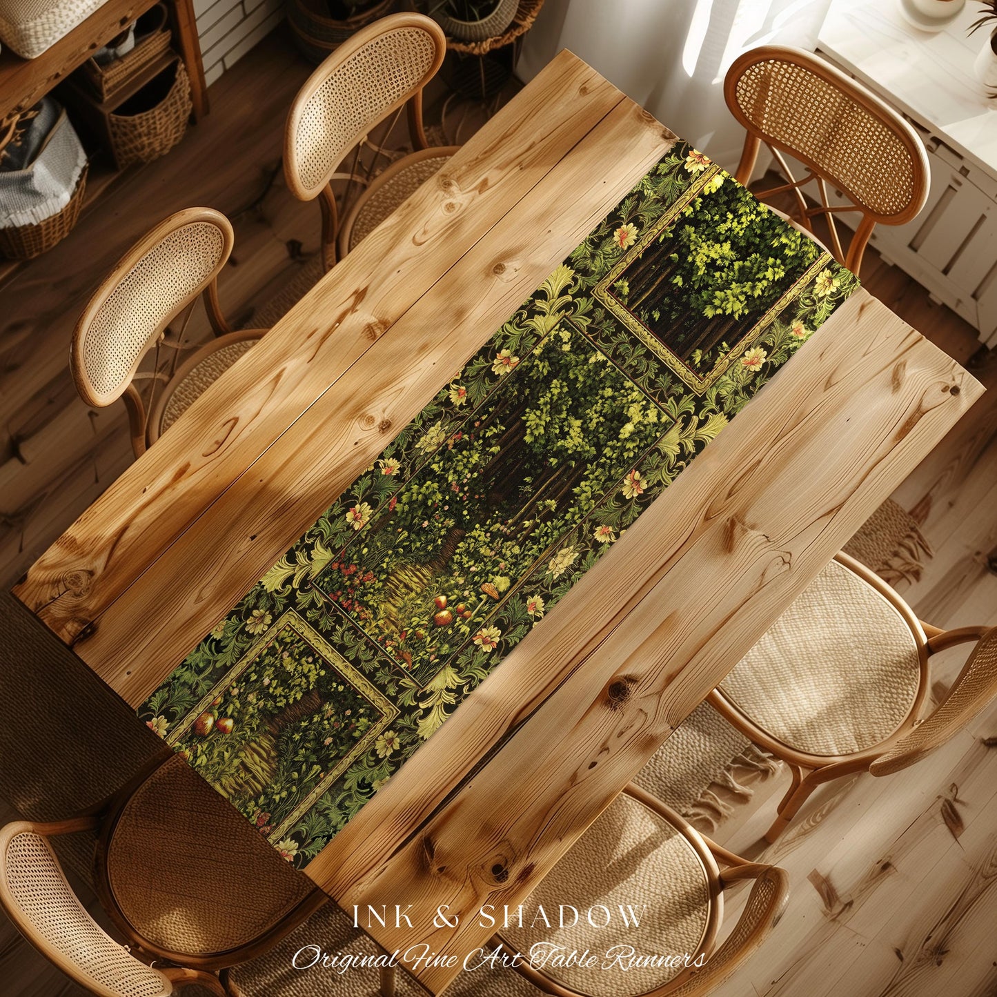 Fairytale Forest Botanical Table Runner | Mystic Aesthetic Woodland Home Magical Cottagecore Plant Loving Decor Housewarming Gift Emerald |